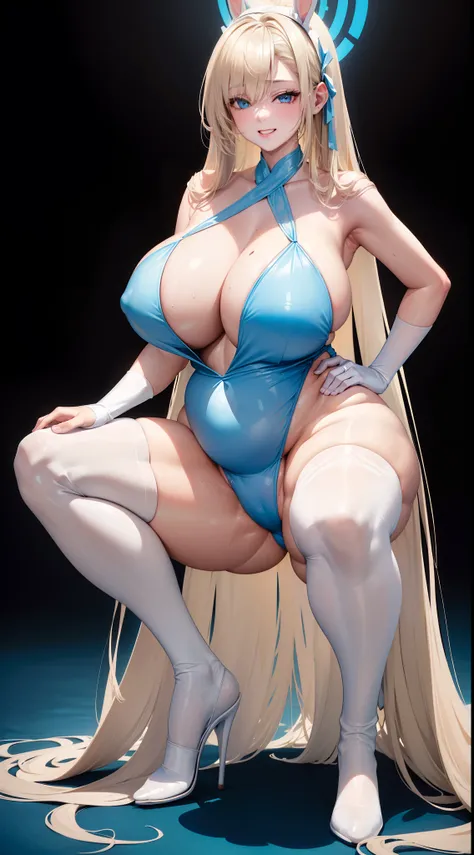 (top-quality、​masterpiece、超A high resolution、Photorealsitic:1.4)、Raw photo、独奏、Light blue bunny girl costume、white glove、dark tights、a blond、Very long hair、glowy skin、Wet body、Mole on the chest、((opening legs、squat with legs wide open:1.3))、Dramatic Writing...