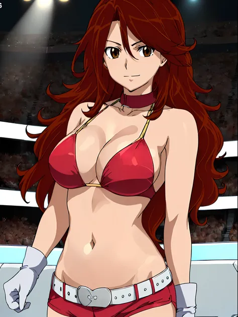 Best Quality, hires, curvy midsection, solo, 1 girl, strong woman, female wrestler, smile, happy), (detailed titration screen, upper body only, anime style: 1.8, anime drawing, ultra detailed face, ultra detailed body, 4k, Sumergai Lee Noriega, (standing),...