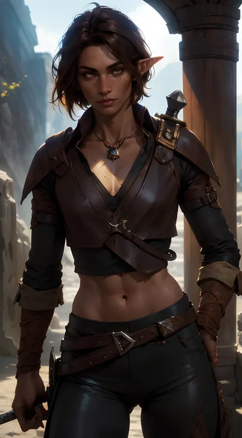 fentezi, pirates, Ship in the background, Tanned elf with freckles, Amber-brown eyes, Short tousled dark hair, little chest, A scar on the cheekbone, white  shirt, black leather pants, high boots, Around her neck is a golden stone, Behind him is a great gr...