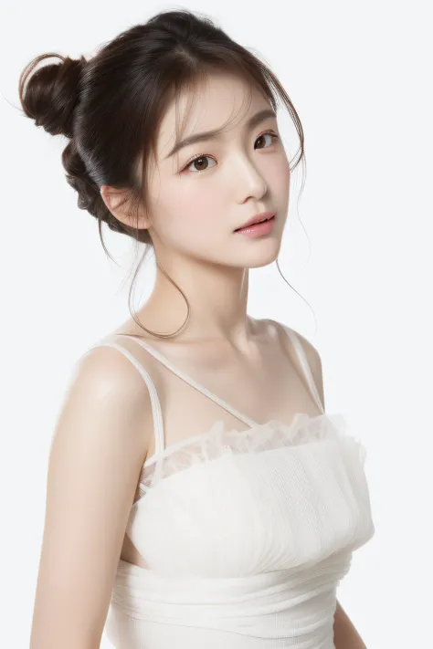 Realistic photo of 1 cute Korean star, Medium hair, Meticulous hair, White skin, thin makeup,,wearing white outfit, Close-up portrait, hyper HD，frontage，Forehead exposed，Full forehead，Dont obscure the character，Model the face，with light glowing，Face the ca...