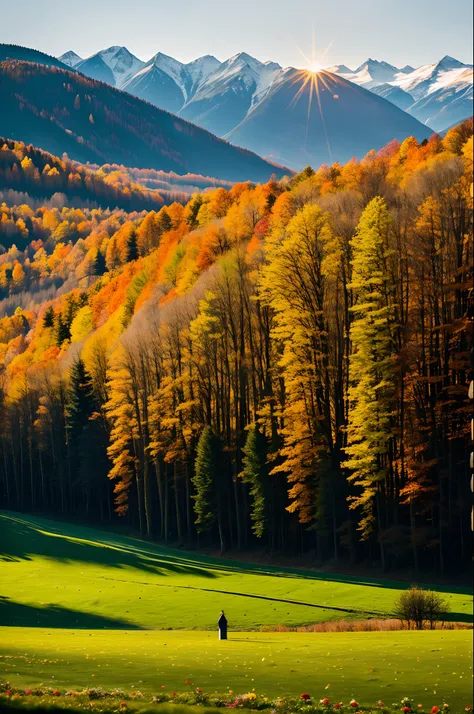 (a gorgeous brunette woman in an elegant dress and long curls) AND (goldenem Sonnenlicht umgeben) AND (idyllische Naturlandschaft) Golden