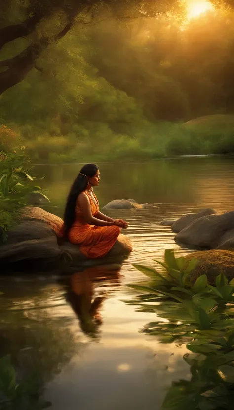 Amidst a verdant oasis, an Indian lady sips herbal tea, her heart beats in harmony with the rhythmic flow of a tranquil stream running through the garden, fireflies illuminate the twilight, casting a magical, ethereal glow, capturing a moment of profound c...