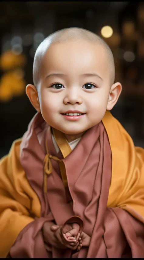 Best quality,Masterpiece,超高分辨率,(Photorealistic:1.4)A young monk dressed in a monks robe，had his hands folded，sit with legs crossed，Smile at the camera。