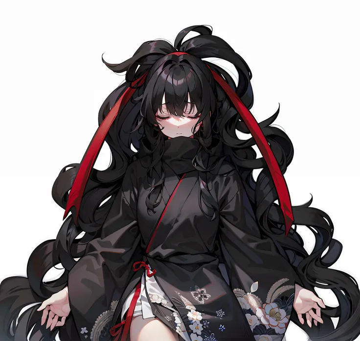 girl, long wavy black hair tied in a ponytail, closed eyes, red ribbon, a black kimono, soft shadows