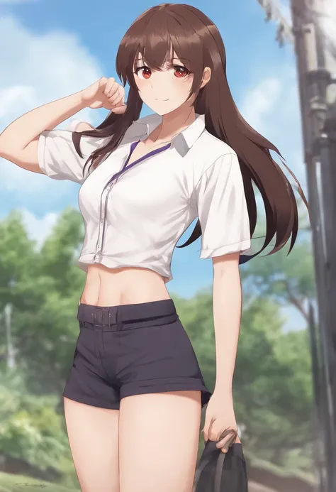 artist logo, 1girl, chitanda eru, oreki houtarou, red shorts, long hair, black hair, open mouth, bangs, shirt, purple eyes, short sleeves, gym uniform, ponytail, white shirt, shorts, looking at another, breasts, short hair, :o, looking at viewer, collarbon...