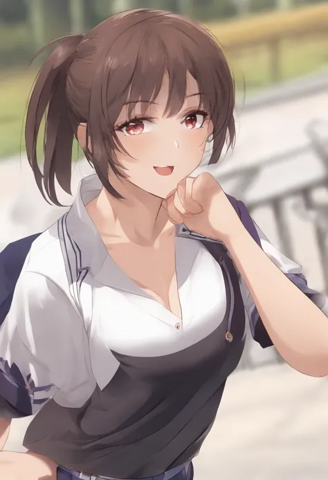 artist logo, 1girl, chitanda eru, oreki houtarou, red shorts, long hair, black hair, open mouth, bangs, shirt, purple eyes, short sleeves, gym uniform, ponytail, white shirt, shorts, looking at another, breasts, short hair, :o, looking at viewer, collarbon...