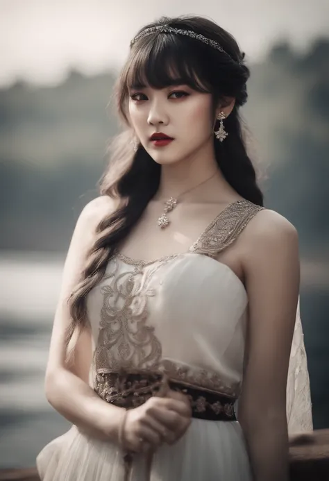 Kim Taehyung, 1girl, solo, monochrome, braid, looking at viewer, dress, long hair, traditional media, signature, bangs, makeup, own hands together, black hair, upper body, lipstick, drill hair, artist name, twin braids, bridal gauntlets, sleeveless