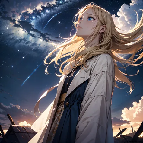 absurderes、hight resolution、(Official art、Beautifully Aesthetic:1.2)shining sky, Vast world, Distant horizon, ​​clouds, High hills, natural beauty, nigh sky, Shining stars,Smooth straight blonde hair,(Deep Blue Eyes:1.2),(Looking Up:1.1),(A wistful look),(...