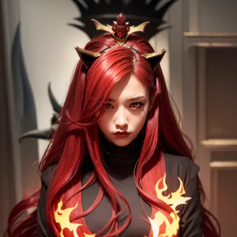 young Dragon-Girl, deep red hair, big hair, portrait, serious face, Queen of Dragons, Dynasty of fire