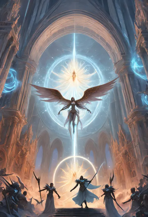 ethereal fantasy concept art of good and evil air battle, facing each other, (cosmiccore angelic being, bright christian cathedr...