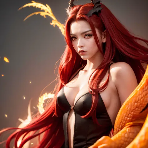 young Dragon-Girl, deep red hair, big hair, portrait, serious face, Queen of Dragons, Dynasty of fire