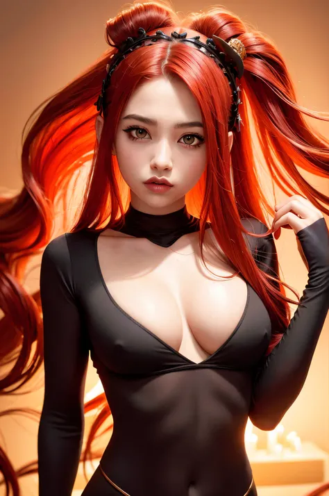 young Dragon-Girl, deep red hair, big hair, portrait, serious face, small breast, Queen of Dragons, Dynasty of fire