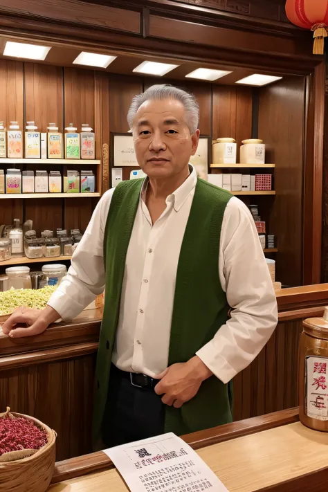 Chinese image，Real frontal photos，Authentic background，Inside a Chinese medicine store，Tunic，Face full of wrinkles，TCM image，Wise eyes，male people