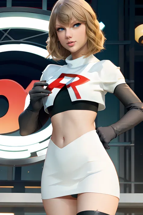 the face of Taylor Swift, 1girl,team rocket,team rocket uniform, red letter R, white skirt,white crop top,black thigh-highs,black elbow gloves