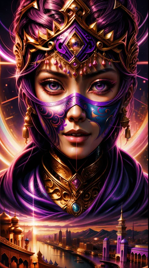 A woman wearing a mask and purple hair stands in front of a sunset, inspirado em Magali Villeneuve, Oriental Face, pintura de personagem bonita, Estilo de arte oriental, arabian art, 8k arte detalhada de alta qualidade, epic fantasy art portrait, epic exqu...