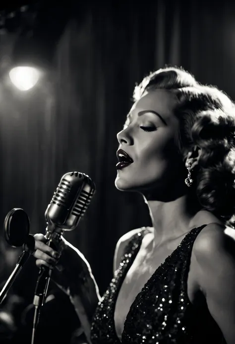 film noir photo of jazz singer woman in smokey night club . 35mm photograph, highly detailed, 4k, professional, with microphone