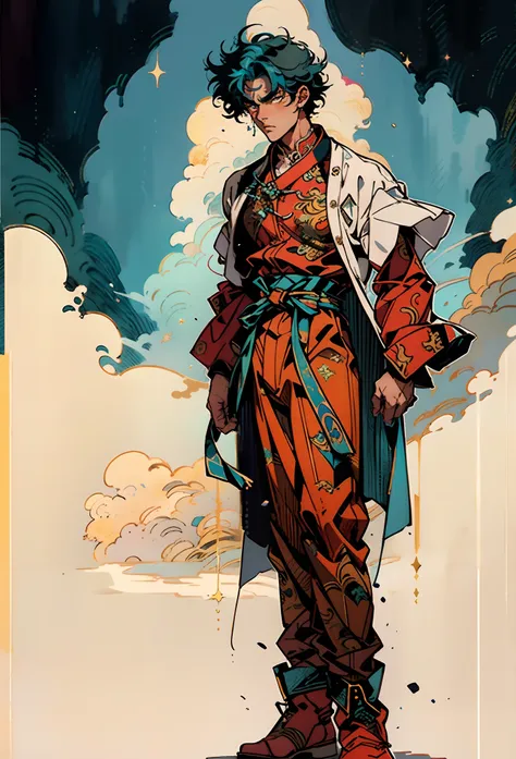 a young man with short aquamarine hair, sharp eyebrows, starry eyes, radiating a righteous aura, a two-piece fantasy wuxia-style...