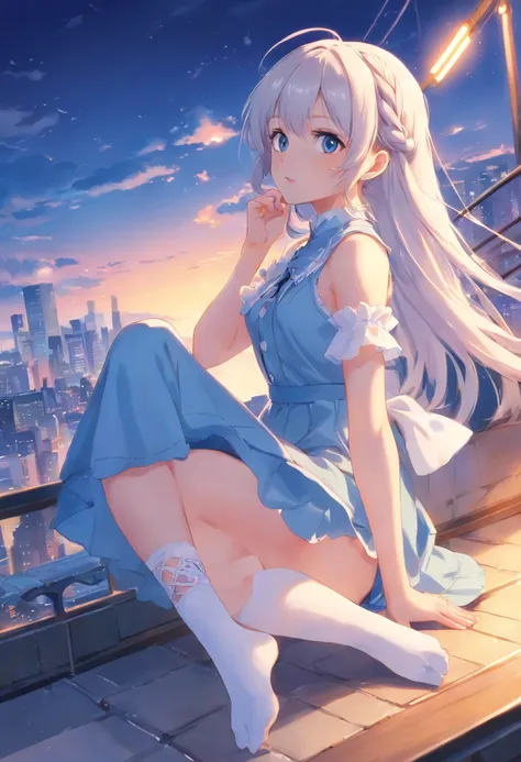 (best quality,4k,highres,masterpiece:1.2),beautiful detailed eyes,beautiful detailed lips,extremely detailed eyes and face,longeyelashes,white hair,twin braided curly hair,blue eyes,white Lolita dress,white stockings,barefoot,tiptoeing,showing the soles of...