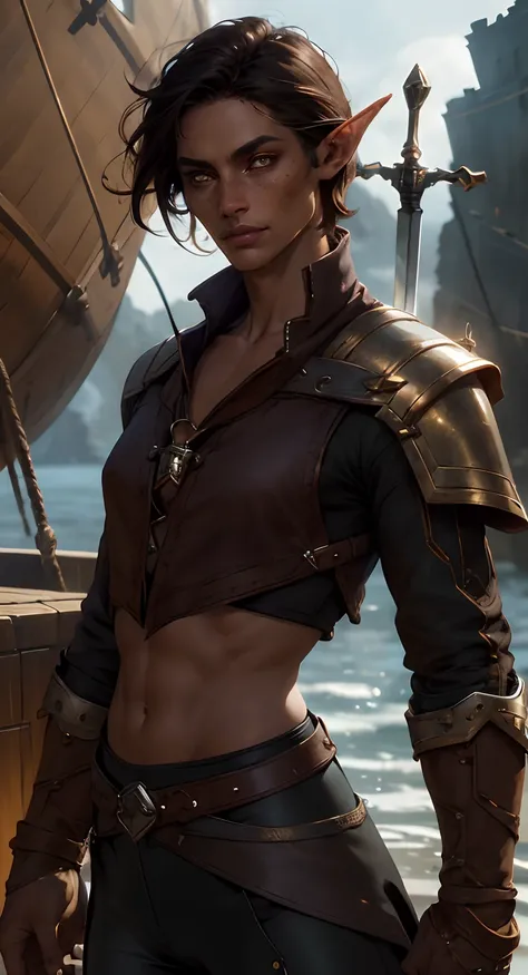 fentezi, pirates, Ship, The sea, Tanned elf with freckles, amber eyes, Short tousled dark hair, little chest, A scar on the cheekbone, plain white shirt, black leather pants, high boots, Around her neck is a golden stone, Behind him is a large greatsword, ...