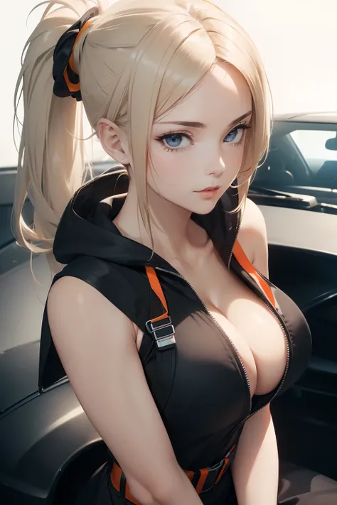 ((masterpiece, best quality, cinematic, photorealistic, ultra-detailed)), ((close-up shot:1.5)), ((perfect anatomy, perfect eyes, perfect hands, large cleavage, round legs:1.2)), ((female mechanic)), ((black coveralls with bright orange accents, reflective...