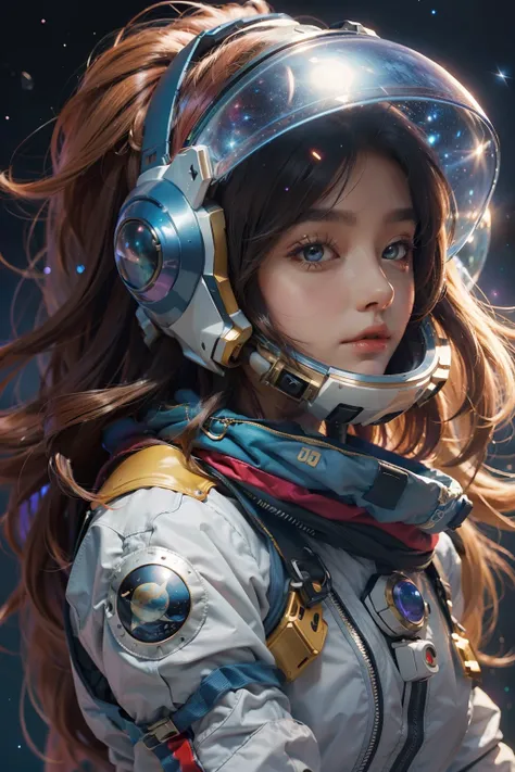 Digital drawing of a beautiful cute attractive magical fantasy astronaut woman, Big colorful long hair on the helmet, with whole body visible, Tight astronaut suit, Stardust, Background galaxy, Ultra-high quality clarity, 32K, HD, --AR 3:4 --s 750 --v 5.2