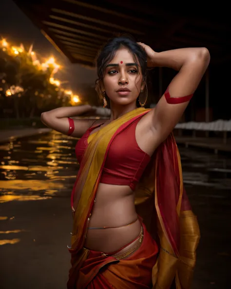 beautiful mature Indian college girl, in red saree, outside a club , ((slim, petite)), photorealistic, photo, masterpiece, realistic, realism, photorealism, high contrast, photorealistic digital art trending on Artstation 8k HD high definition detailed rea...