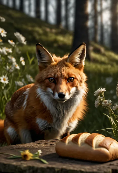 professional portrait photo by Yousuf Karsh of a vixen looking at a bread loaf. The vixen has puzzled expression. The bread loaf is round and it is rolling away from the vixen. There is forest with pretty flowers in background. It is spring evening time an...