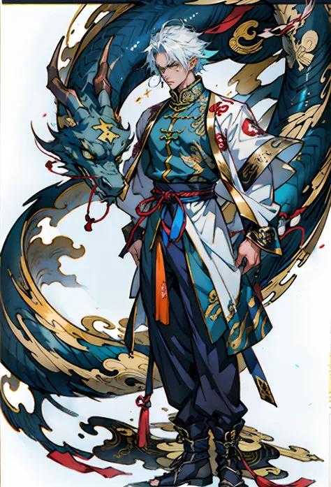 A young man with short aquamarine hair, sharp eyebrows, starry eyes, radiating a righteous aura, a two-piece fantasy wuxia-style outfit, featuring a traditional Chinese martial arts long gown, a wide overcoat, flowing sleeves, the color scheme is mainly re...