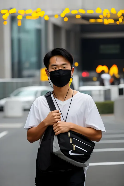 there is a man wearing a mask and a  bag, wearing facemask, wearing all black mempo mask, wearing mask, wearing a mask, surgical mask covering mouth, wearing facemask and sunglasses, people are wearing masks, student, white man with black fabric mask, some...