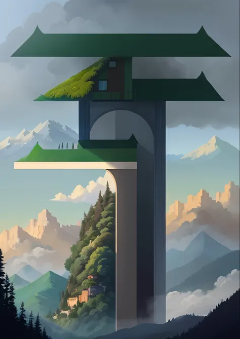 With buildings and trees，Mountains draw green landscape, In Studio Ghibli style，computer painting, expressive digital painting, speedpaint, speedpainting, A digital painting, digital 4k painting, speed painting, digital paintin, abstract environment, expre...