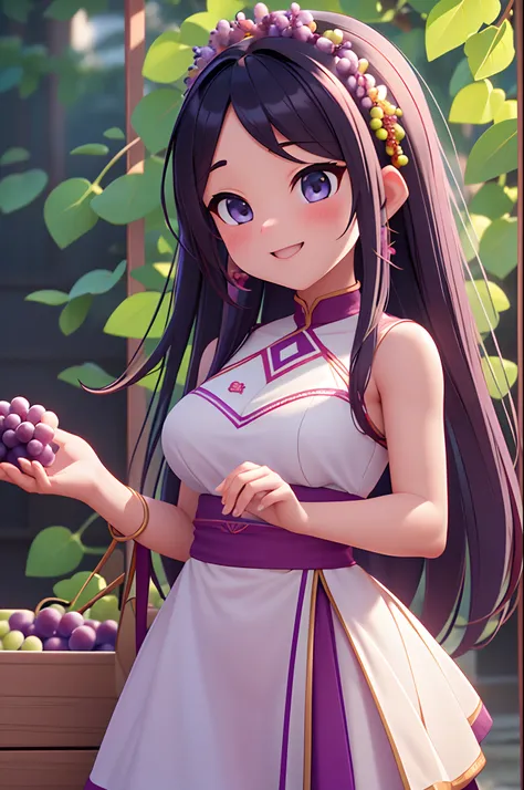 Octane Render、(Hyper-detailing: 1.15)、(Soft light、sharp: 1.2)、morning、Harvesting grapes, Enjoy grape picking、Grabbing grapes hanging from the vine with your hands、Distinctive ethnic hair ornaments、 Fuji Film, F/4.0, masutepiece, Anatomically correct、A smil...