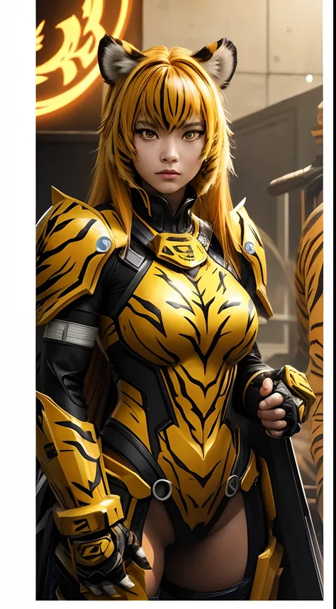 Tiger Beastman Girl、Flashy battlesuit with tiger print、Yellow eyes、Yellow tiger print hair、Tiger Knuckles、