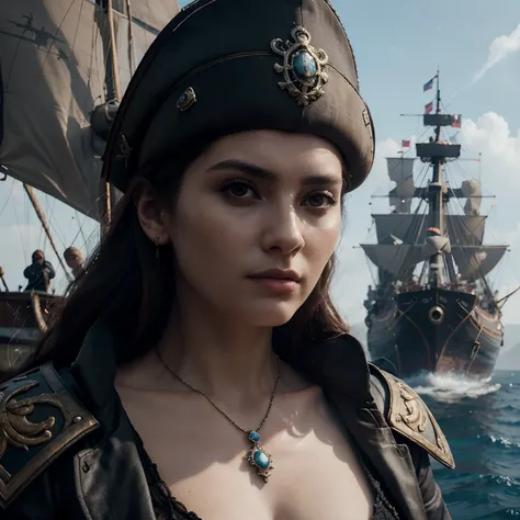 Create an image of Jean de Cleon, the French noblewoman turned pirate queen, with her three warships symbolizing defiance against the French King. Capture her at the helm of one of these ships, exuding strength and resolve realistic photograph, 3d render, ...