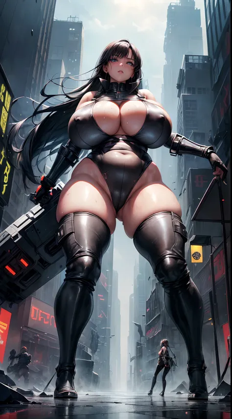 (top-quality、​masterpiece、超A high resolution、Photorealsitic:1.4)、Cyborg Beauty、A dark-haired、short-hair、(ultra gigantic tits:1.7)、(Plump、Split abs、musculature、full of sweat:1.1)、(Plump、thick thighs、long legged、Big ass:1.3)、(Post-apocalyptic worldview、A dev...