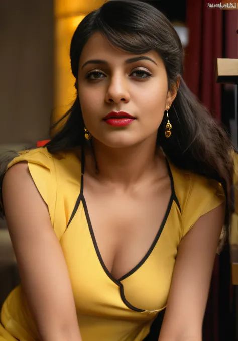 (editorial photograph of a young Indian woman in yellow dress and dark red lips),(((massive breast)))、karla ortiz, (highly detailed face:1.4) (smile:0.7) (backround 5 star hotel , moody, private study:1.3) POV, by lee jeffries, nikon d850, film stock photo...