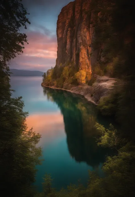 A photography that captures the essence of a magical dream - like world. An epic and legendary cliff that overhangs a beautiful lake, with surreal and vibrant colors illuminating its reflection. The atmosphere is otherworldly, with soft evening light casti...