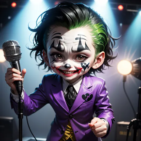 (Chibi cute joker:1.2), Singing while holding a retro microphone stand on stage, blue light spotlight, (Masterpiece), (Best Quality), (Ultra high Detailes)