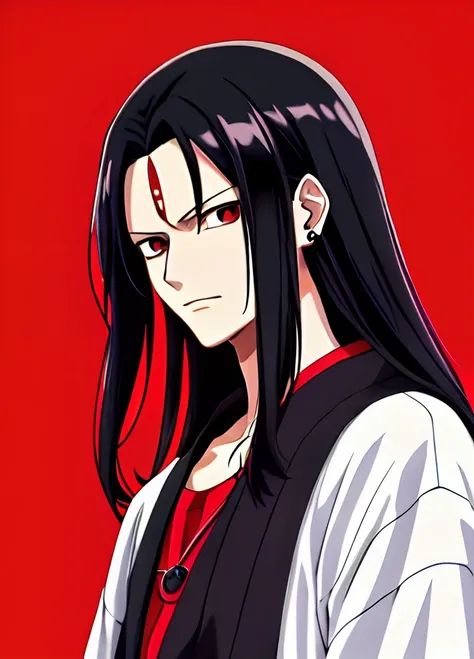 One piece character, Eiichirou Oda style, pale boy, long hair, black hair, winter clothes, black and red clothes piercing mount, blood power, blood manipulation, blood drops flying, holding a scythe, vampire smile, angle diagonally