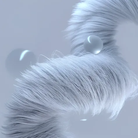 There is a close-up with a lot of silk fibers, volumetric fur, soft 3d render, fur simulation, cloth simulation with houdini, houdini fluid simulation, Dramatic cinematic details fur, fluid simulation in houdini, 3 d fluid simulation render, Stylized liqui...