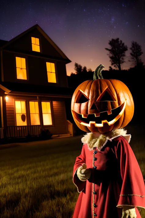 (Masterpiece), Photorealistic, RAW photo,  Cinematic image, Depth of field, Film grain, Highly detailed, Scarecrow with Halloween pumpkin instead of a head, Long Red Robe, Creepy, in front of an old abandoned house, Starry Night, deep shadows, Kodak Portra...