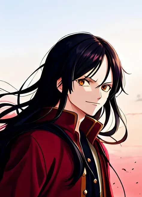 One piece character, Eiichirou Oda style, pale boy, long hair, black hair, winter clothes, black and red clothes blood power, drops of blood flying, evil smile , yellow eyes