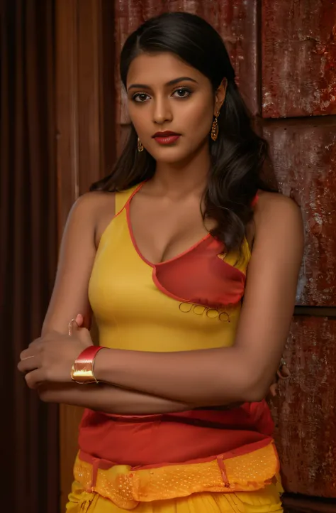 (editorial photograph of a young Indian woman in yellow dress and dark red lips),(((massive breast)))、karla ortiz, (highly detailed face:1.4) (smile:0.7) (backround 5 star hotel , moody, private study:1.3) POV, by lee jeffries, nikon d850, film stock photo...