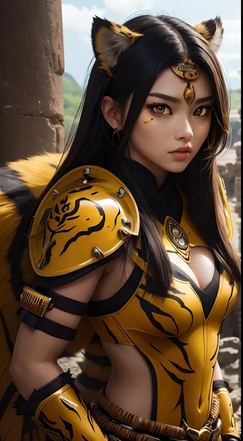 She is a girl of the tiger beastman tribe、Yellow eyes、Yellow and beautiful skin、Tiger print hair、Flashy battlesuit with tiger print、Her face is so beautiful、She is so cute、She is the guardian of ancient ruins、Mega Minimum、