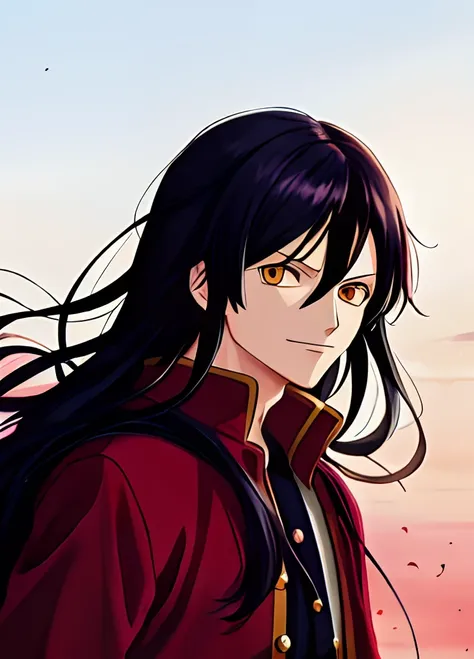 One piece character, Eiichirou Oda style, pale boy, long hair, black hair, winter clothes, black and red clothes blood power, drops of blood flying, evil smile , yellow eyes