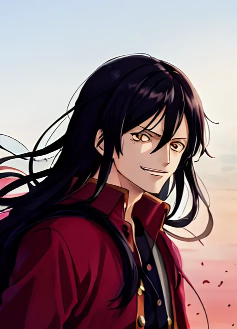 One piece character, Eiichirou Oda style, pale boy, long hair, black hair, winter clothes, black and red clothes blood power, drops of blood flying, evil smile , yellow eyes