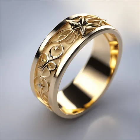 （（Ring design concept art）），Yellow gold ring，（Ring concept blueprint），（（Wavy ring ring）），Engraved with a five-pointed star，（exquisite craft），Hemming，Natural sunlight，Shining Effect