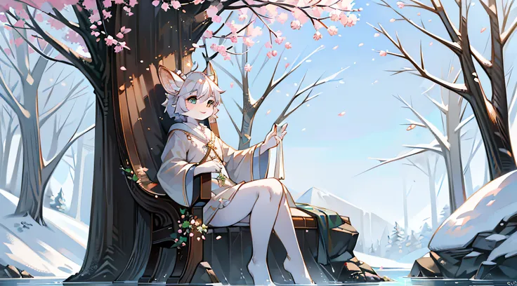 A white deer，Pear blossom tree，falling flower petals，rios，flowing river，White robe，Green pattern，Sit on a rock，snow covered，out a hand，ornate backdrop，Falling snowflakes，sitting  sideways，Reach for the snowflakes，k hd，solo person，arcadia，falling flower pet...