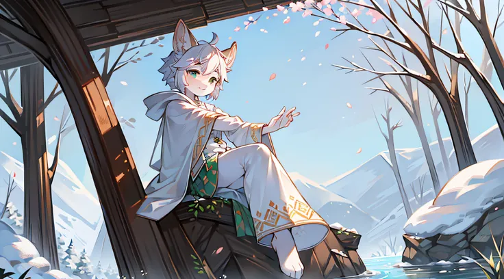 A white deer，Pear blossom tree，falling flower petals，rios，flowing river，White robe，Green pattern，Sit on a rock，snow covered，out a hand，ornate backdrop，Falling snowflakes，sitting  sideways，Reach for the snowflakes，k hd，solo person，arcadia，falling flower pet...