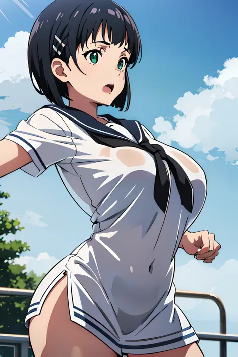 very huge tits,  white wet sailor uniform, , naoha kirigaya(sword art online), 1girl, bob hair, black hair, hairclip, ​masterpie...