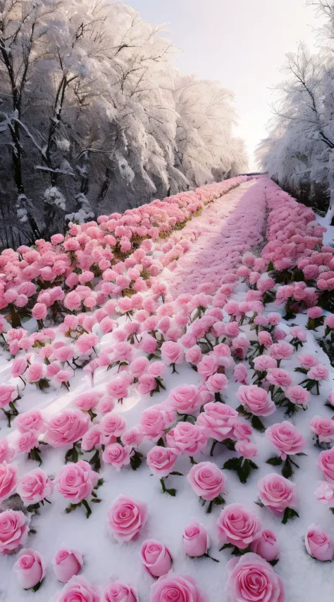 There are a lot of pink roses in the snow, Really beautiful nature, with frozen flowers around her, Beautiful nature, very beautiful photograph of, Beautiful flowers, Flowers everywhere, Flowers!!!!, Beautiful photography, field of pink flowers, Unbelievab...